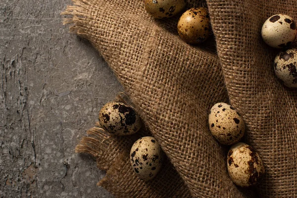 Top view of quail eggs on sackcloth on grey concrete background — Stock Photo