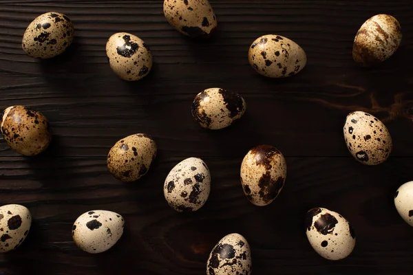 Top view of quail eggs on dark wooden background — Stock Photo