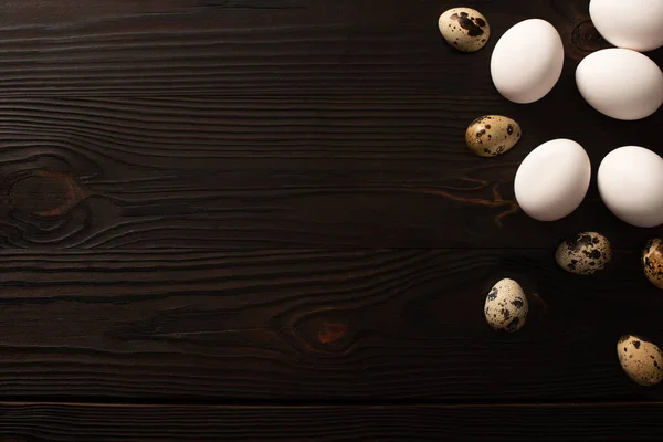 Vista superior de huevos de pollo blanco y huevos de codorniz sobre fondo de madera oscura - foto de stock