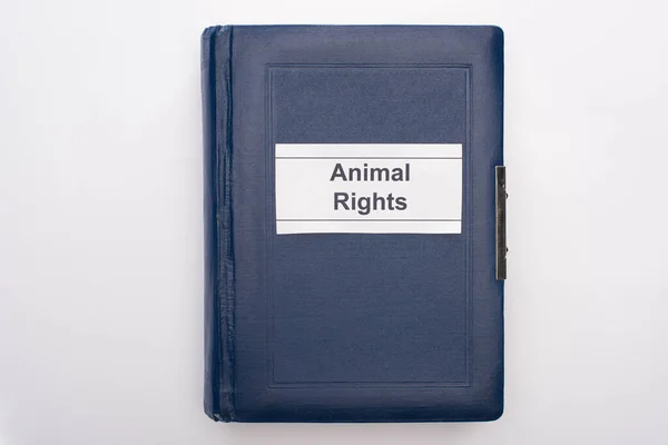 Top view of animal rights inscription on blue book on white background — Stock Photo