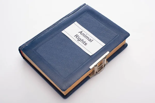 High angle view of blue book with animal rights inscription on white background — Stock Photo