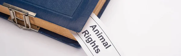 Tiro panorâmico de cartão branco com inscrição de direitos dos animais em livro azul sobre fundo branco — Fotografia de Stock