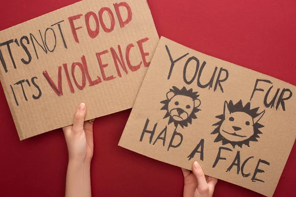 Partial view of woman holding cardboard signs with your fur had a face and its not food its violence inscriptions on red background — Stock Photo