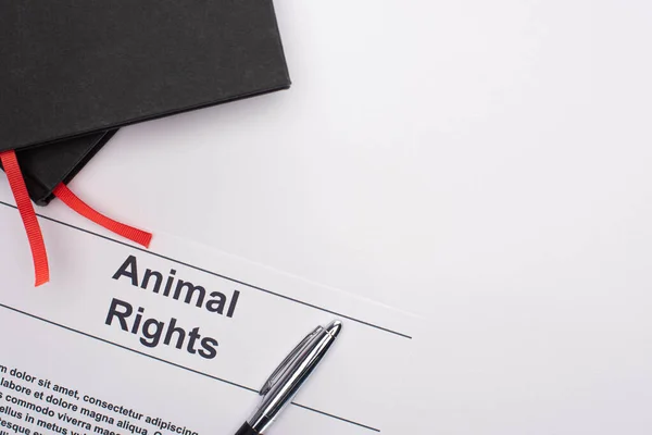 Vista superior de la inscripción de derechos de los animales, cuadernos negros y bolígrafo sobre fondo blanco - foto de stock