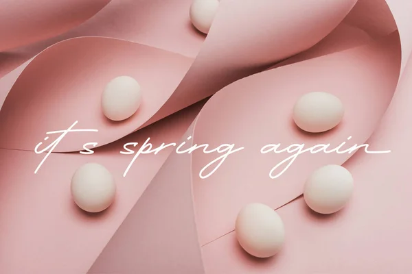Chicken eggs in spiral paper pink swirls with it is spring again illustration — Stock Photo