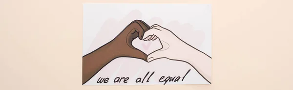 Top view of picture with drawn multiethnic hands showing heart gesture on beige background, panoramic shot — Stock Photo
