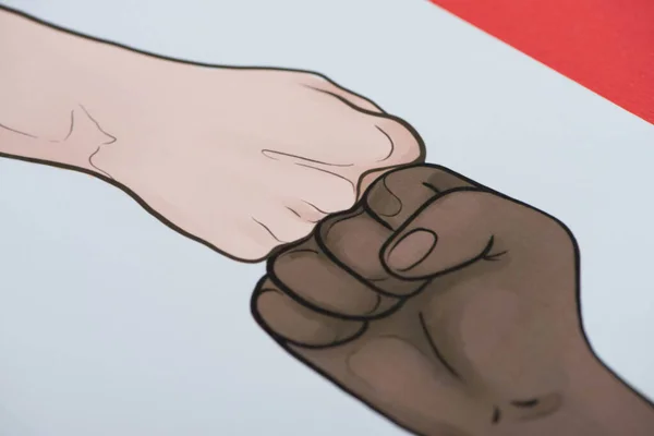 Picture with drawn multiethnic hands doing fist bump on red background — Stock Photo