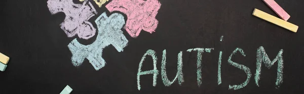 Panoramic shot of chalkboard with word autism and puzzle drawing — Stock Photo