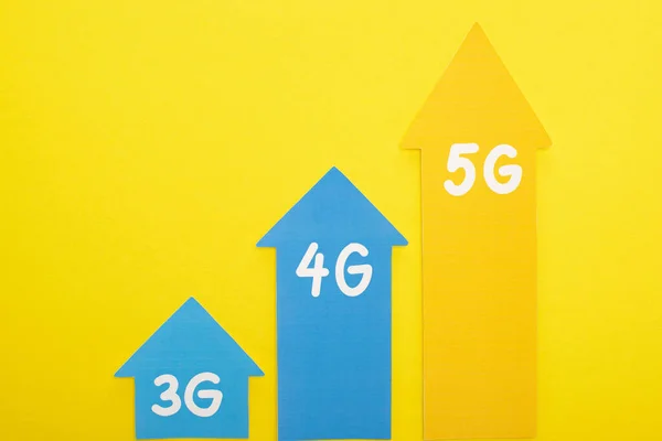 Draufsicht auf 3g, 4g und 5g Pfeile auf gelbem Hintergrund — Stockfoto