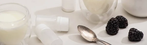 Vista de alto ângulo de copos de iogurte, colher de chá, recipientes com culturas iniciais e amoras-pretas em branco, tiro panorâmico — Fotografia de Stock
