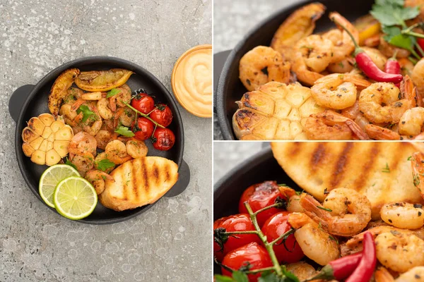 Collage of fried shrimps with grilled toasts, vegetables and lime near sauce on grey concrete background — Stock Photo
