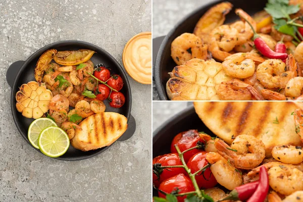 Collage de camarones fritos con tostadas a la parrilla, verduras y lima cerca de la salsa sobre fondo de hormigón gris - foto de stock