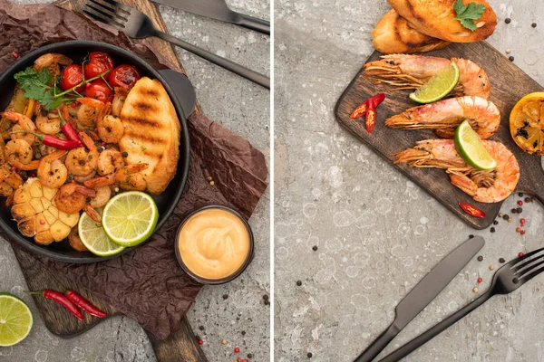 Collage of fried shrimps with grilled toasts, vegetables on boards near cutlery on grey concrete background — Stock Photo