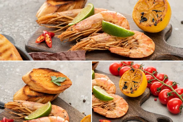 Collage of fried shrimps with grilled toasts, lemon and lime near cherry tomatoes on wooden board on grey concrete background — Stock Photo