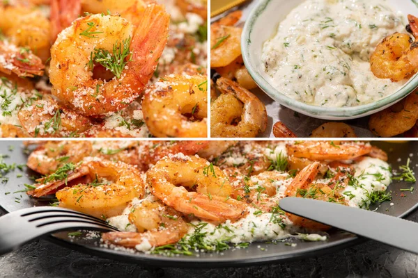 Collage de camarones fritos con salsa y eneldo en el plato - foto de stock