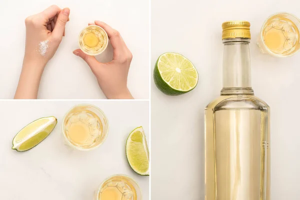 Collage of woman drinking tequila with lime and salt on white marble surface — Stock Photo