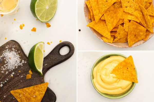 Collage of golden tequila in shot glass with cheese sauce, lime, salt and nachos on white marble surface — Stock Photo