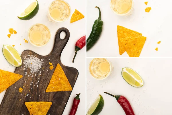 Collage of golden tequila with lime, chili pepper, salt and nachos on wooden cutting board on white marble surface — Stock Photo