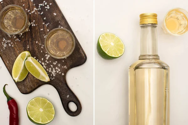 Collage di tequila dorata in bottiglia e bicchierini con lime, peperoncino, sale su tagliere in legno su superficie di marmo bianco — Foto stock