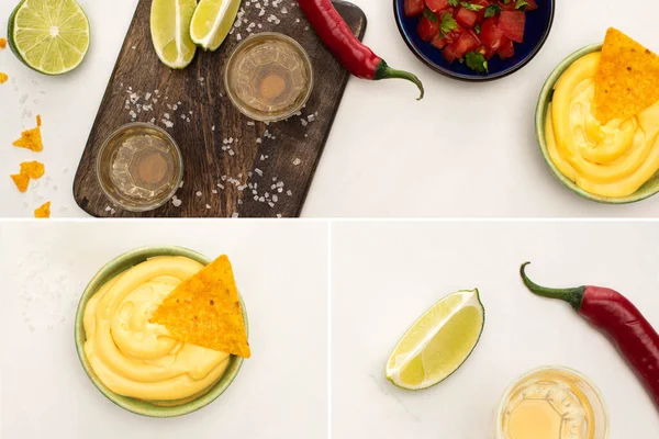 Collage of golden tequila with lime, chili pepper, salt, nachos, cheese sauce, wooden cutting board on white marble surface — Stock Photo