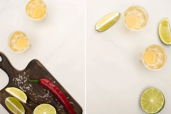 Collage of golden tequila with lime, chili pepper, salt on wooden cutting board on white marble surface — Stock Photo