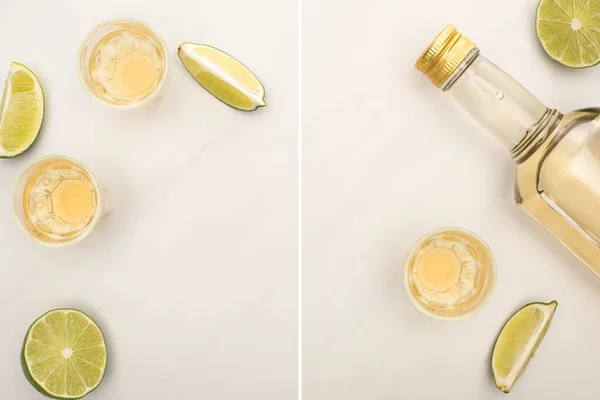Collage di tequila dorata in bottiglia e bicchierini con calce su superficie di marmo bianco — Foto stock