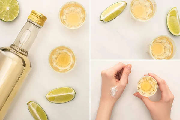 Collage of woman drinking golden tequila with lime, salt on white marble surface — Stock Photo