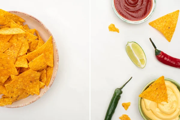 Collage aus Mais-Nachos mit Limette, Chilischoten, Ketchup und Käsesauce auf weißem Hintergrund — Stockfoto