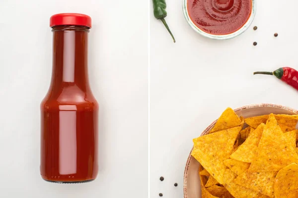 Colagem de nachos de milho com pimentas e ketchup garrafa no fundo branco — Fotografia de Stock