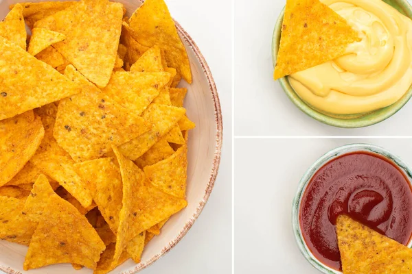 Colagem de nachos de milho com molhos sobre fundo branco — Fotografia de Stock