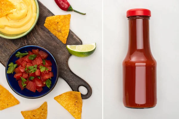 Collage of corn nachos with lime, chili, ketchup and cheese sauce on wooden cutting board on white background — Stock Photo