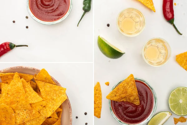 Collage of corn nachos with lime, chili, ketchup and tequila on white background — Stock Photo