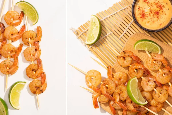 Collage of prawns on skewers with lime and sauce on bamboo mat on white background — Stock Photo
