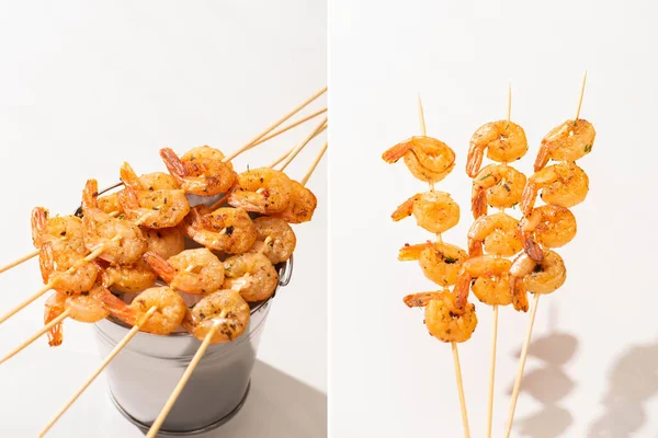 Collage of prawns on skewers on metal bucket on white background — Stock Photo