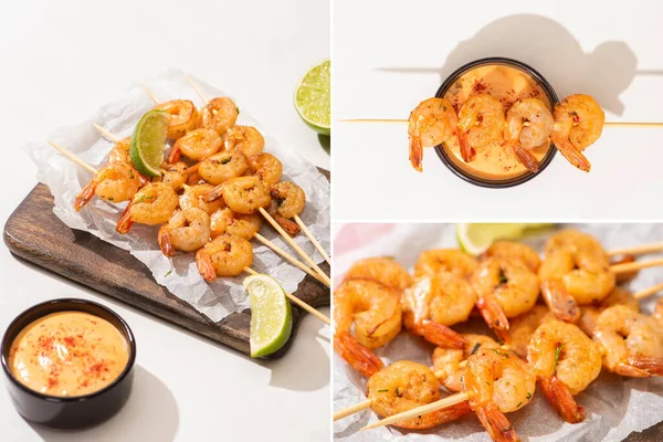 Collage of prawns on skewers with lime and sauce on parchment paper on wooden board on white background — Stock Photo