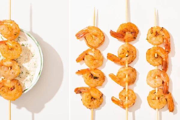 Collage of delicious fried prawns on skewers with sauce on white background — Stock Photo