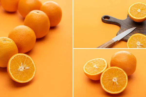 Collage di mature succose arance intere e tagliate con coltello e tagliere in legno su sfondo colorato — Foto stock