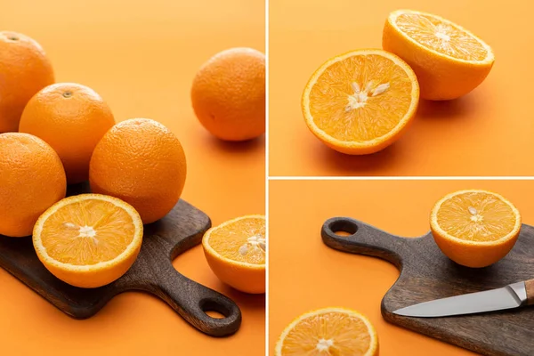 Collage de naranjas maduras jugosas enteras y cortadas con cuchillo y tabla de cortar de madera sobre fondo colorido - foto de stock