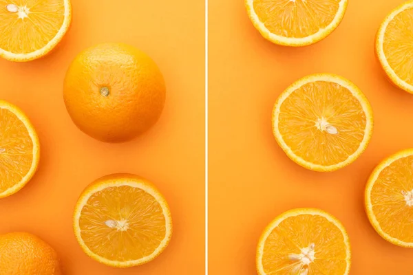 Collage aus reifen saftigen ganzen Orangen und Scheiben auf buntem Hintergrund — Stockfoto