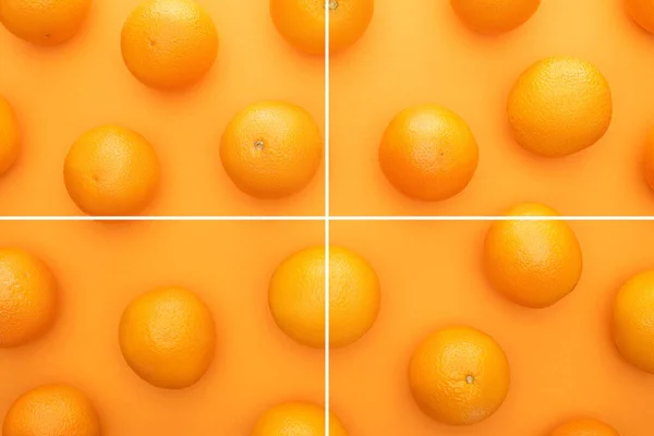 Collage de naranjas enteras jugosas maduras sobre fondo colorido - foto de stock