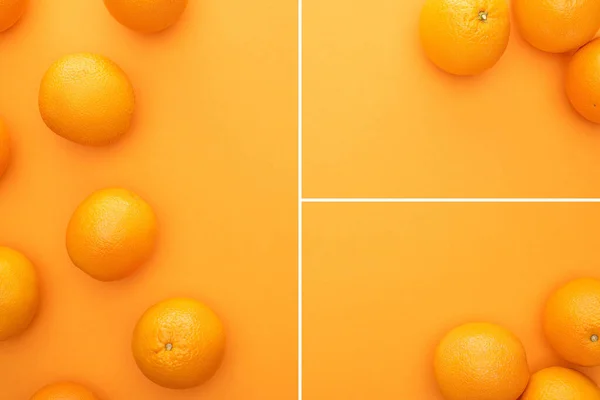 Collage d'oranges entières juteuses mûres sur fond coloré avec espace de copie — Photo de stock