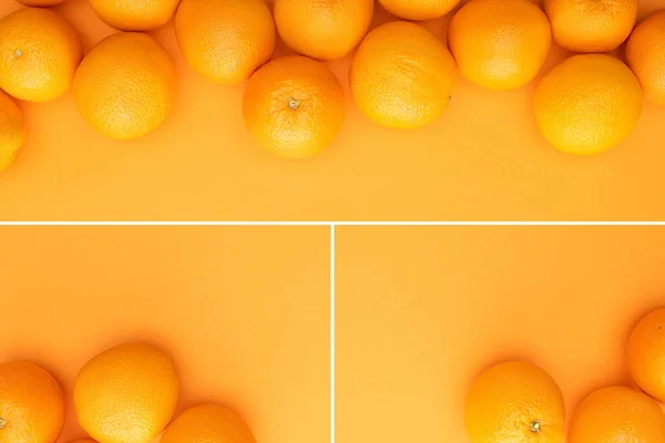 Collage of ripe juicy whole oranges on colorful background with copy space — Stock Photo