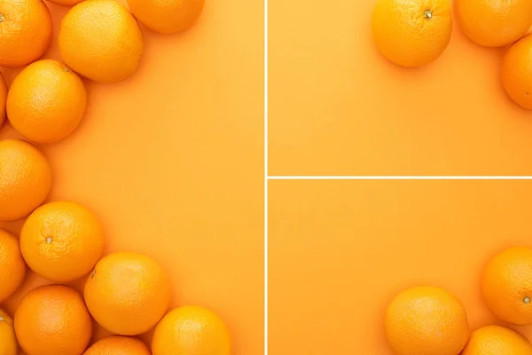 Collage aus reifen saftigen ganzen Orangen auf buntem Hintergrund mit Kopierraum — Stockfoto