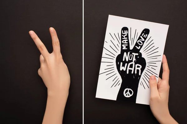 Collage of woman showing peace sign and holding white paper with hand drawing and make love not war lettering on black background — Stock Photo