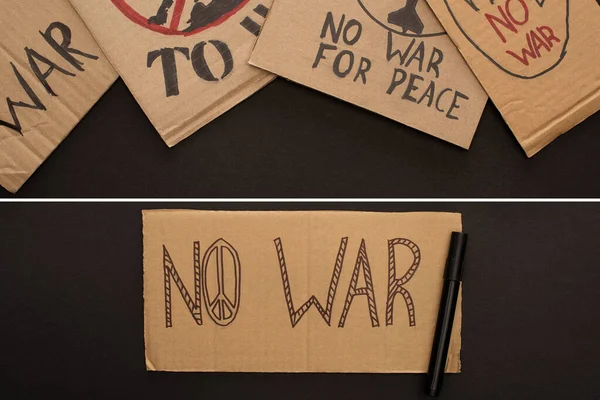 Collage of cardboard placards with no war lettering near marker on black background — Stock Photo