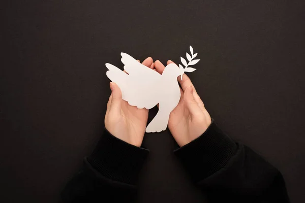 Partial view of woman holding white paper cut dove on black background — Stock Photo