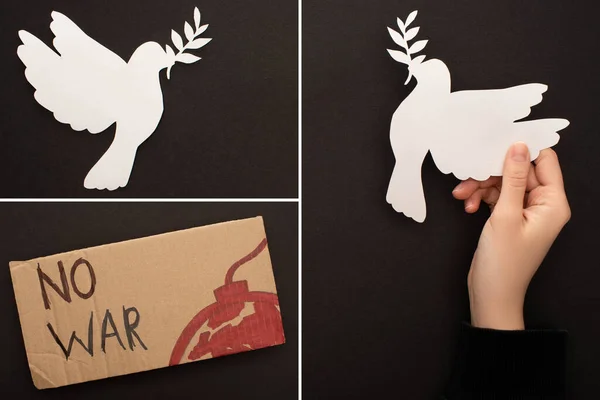 Collage of cardboard placard with no war lettering and bomb, white dove and female hand on black background — Stock Photo