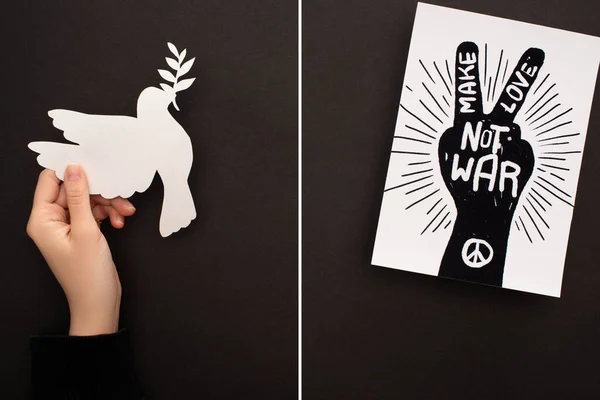 Collage of female hand with paper white dove and paper with hand drawing, peace sign and make love not war lettering on black background — Stock Photo