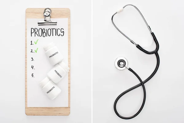 Коллаж буфера обмена с пробиотиками пустой список с таблетками и стетоскопом на белом фоне — стоковое фото