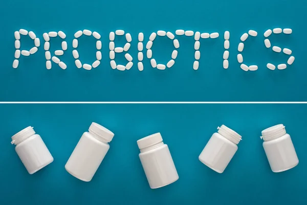 Collage of probiotics lettering made of pills and containers on blue background — Stock Photo